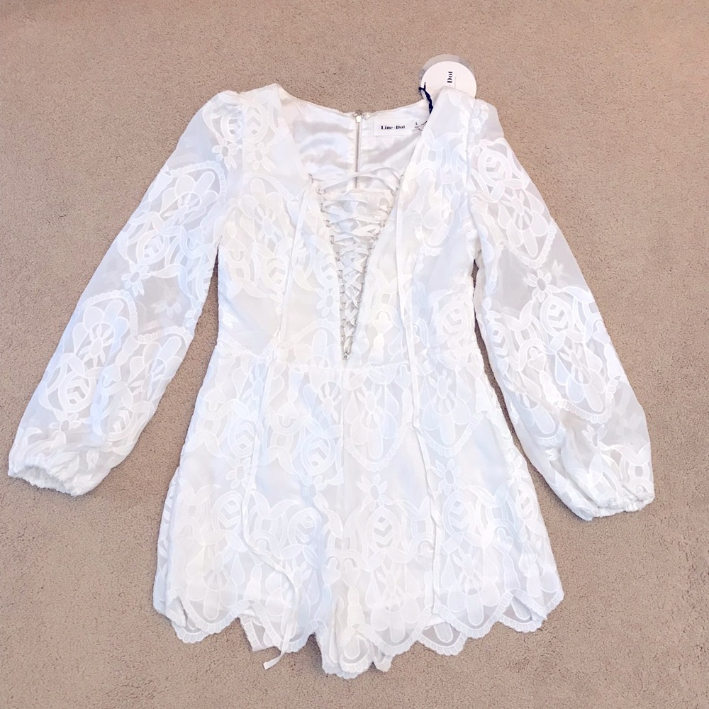 Line Dot White Floral Lace Up Romper NEW Size Large Wedding Coquette Fairycore